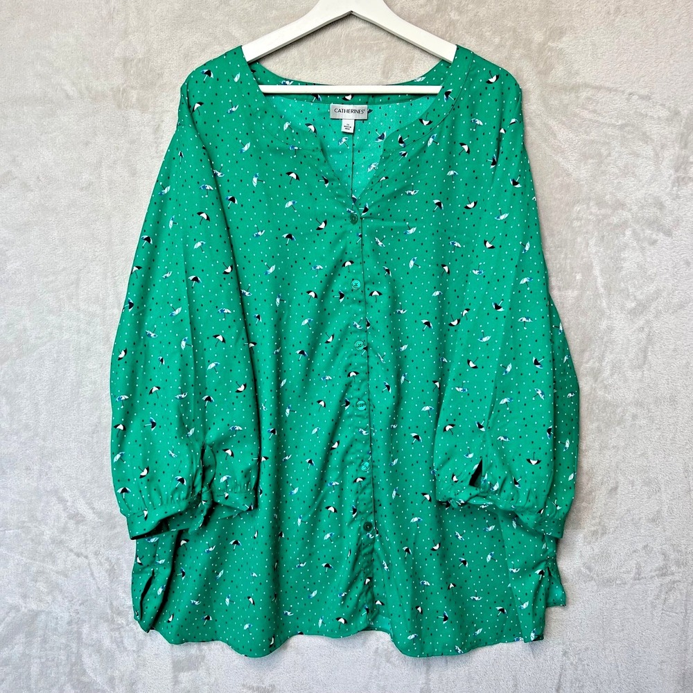 Catherines Georgette Tie Sleeve Cafe‎ Umbrella Print Green Multi-Color Blouse 3X